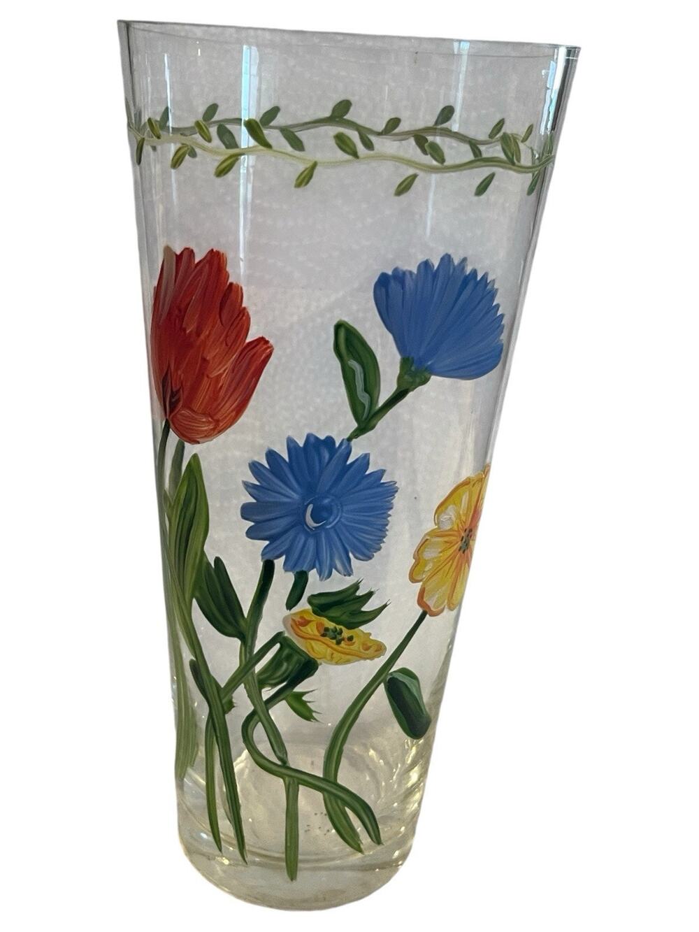 Hand Painted Glass Vase Red Tulips Blue Yellow Flowers Clear Floral Decor